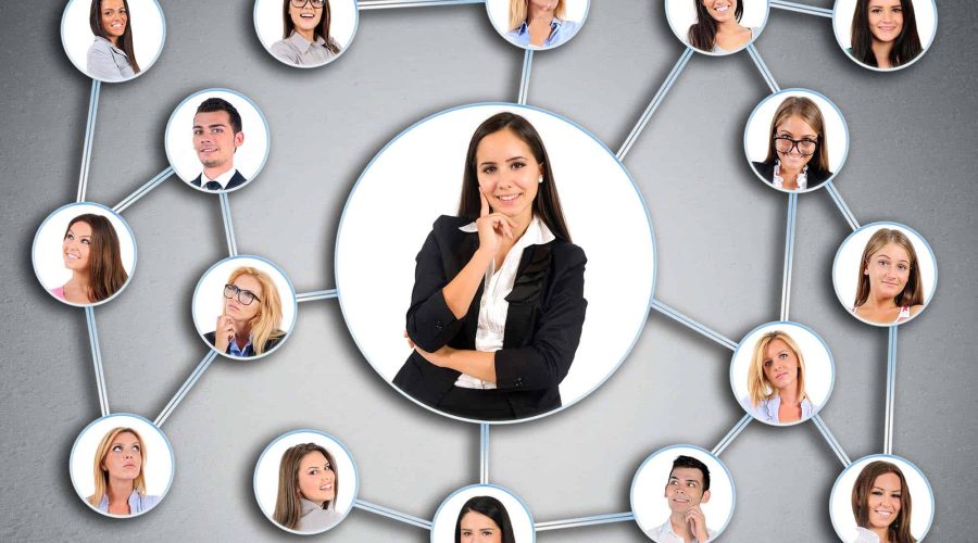 Image of business woman surrounded by people in her network in circles connected by lines